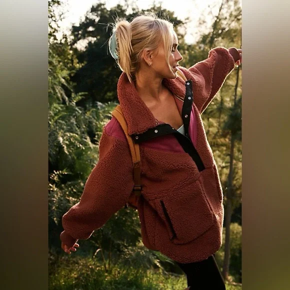 FP Movement Fall To Rise Fleece Quarter Snap brown and pink - Picture 1 of 6